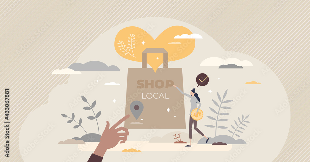 Shop local and support small business with your purchase tiny person concept. Market loyalty and sustainable product protection with organic grocery buying straight from farmer vector illustration. - obrazy, fototapety, plakaty 