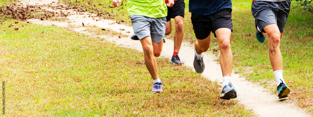 Obraz premium High school distance runners running together in a park with copy space on the left hand side