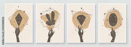Abstract contemporary art with crystal and gem geometry shapes. Esoteric mystical celestial sacred wall art with woman hand. Wall decor painting. Minimalistic background design. Vector illustration.