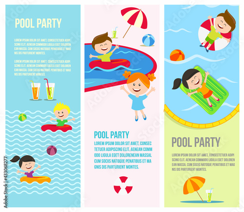 Pool party invitations banners. Happy children have fun at the poolside. Vector illustration