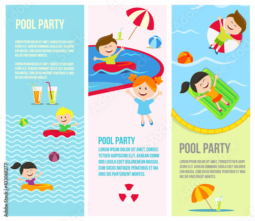 Pool party invitations banners. Happy children have fun  at the poolside.  Vector illustration