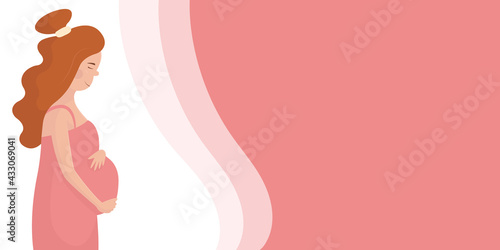 Banner design template for maternity hospital, perinatal center, school for expectant mothers. Cartoon flat illustration of young white pregnant woman. Happy pregnancy, motherhood. Poster background
