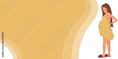 Banner design template for gynecology and obstetrics clinic, support center for young mothers, gymnastics courses for pregnant women. Young brown-haired girl with big belly. Happy pregnancy motherhood