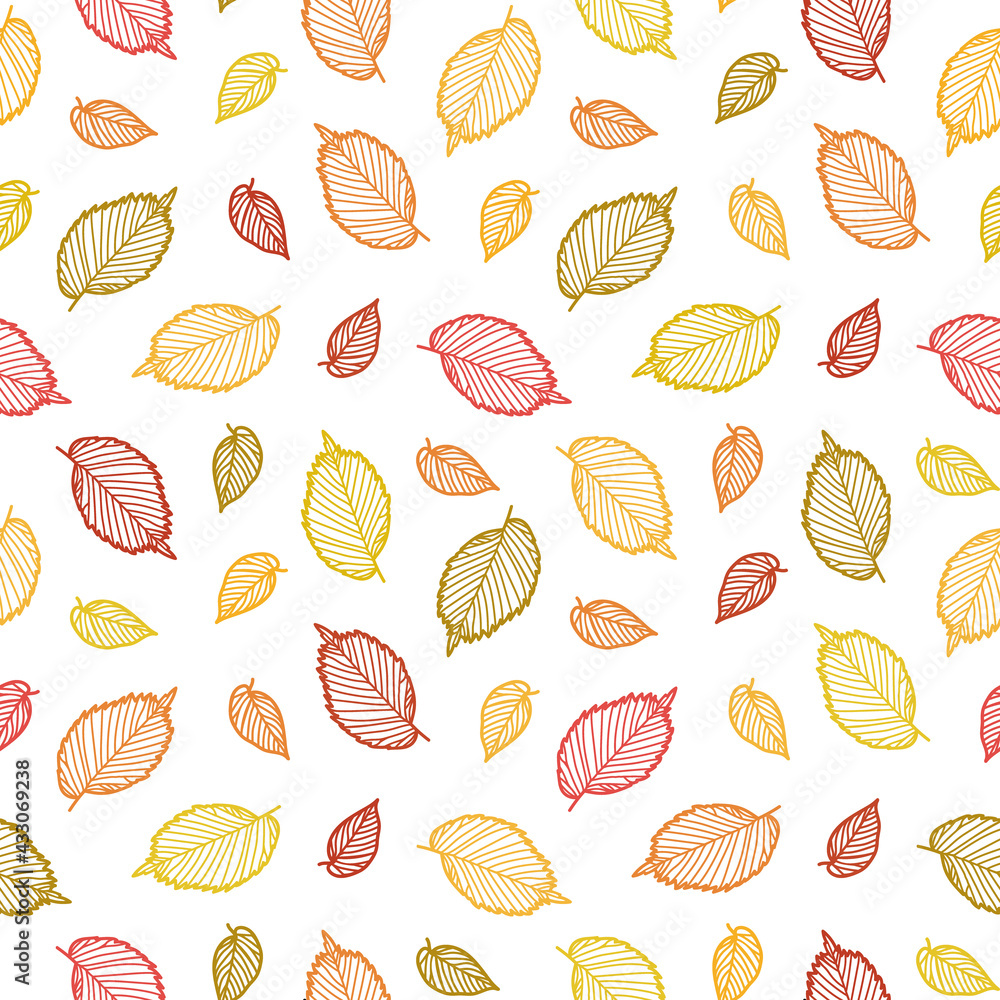 Doodle leaves vector pattern. Cute seamless print for textile, paper. Nature ornament with doodle elm leaves. Red, orange, green, white print for scrapbooking, wrapping. Leaf hand drawn background Doodle leaves vector pattern. Cute seamless print for textile, paper. Nature ornament with doodle elm leaves. Red, orange, green, white print for scrapbooking, wrapping. Leaf hand drawn background