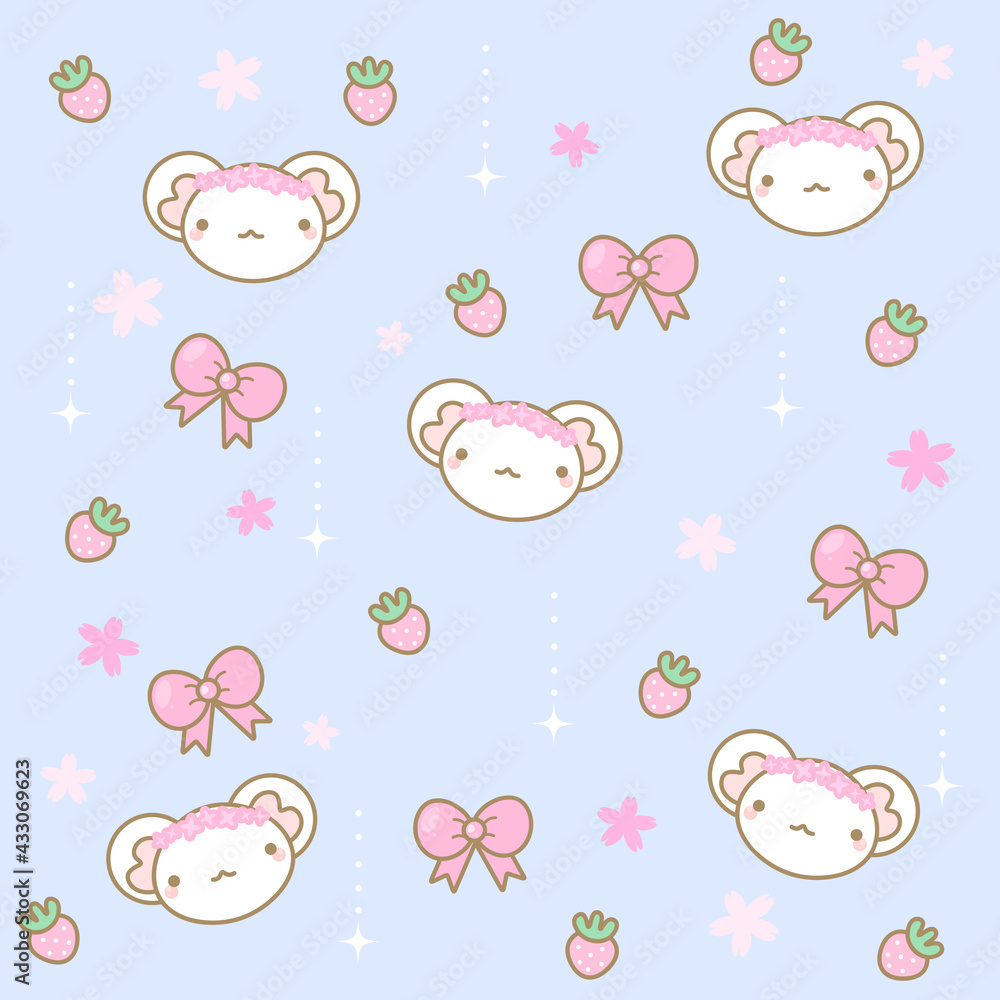 Kawaii pattern with mice, flowers and strawberries on a blue background