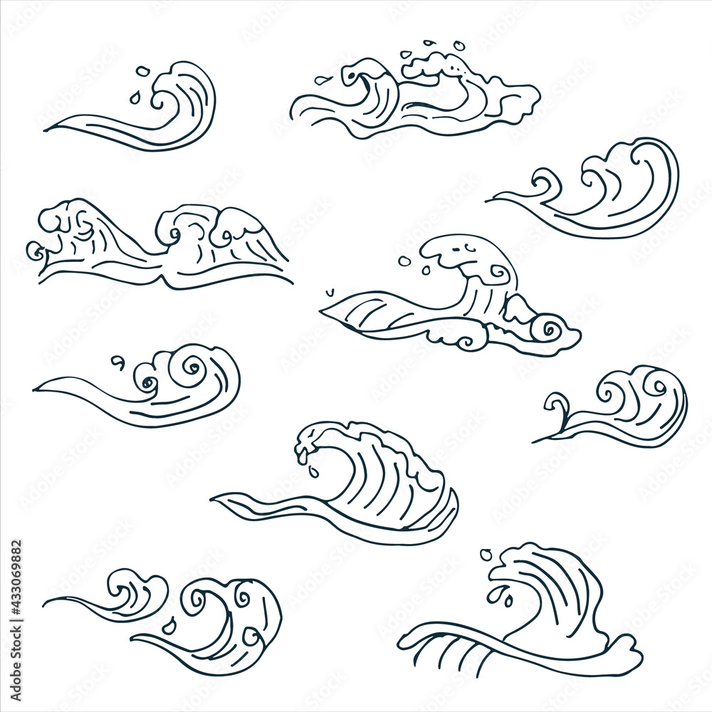 Vector set of hand drawn ocean waves. Doodles Vector set of hand drawn ocean waves. Doodles