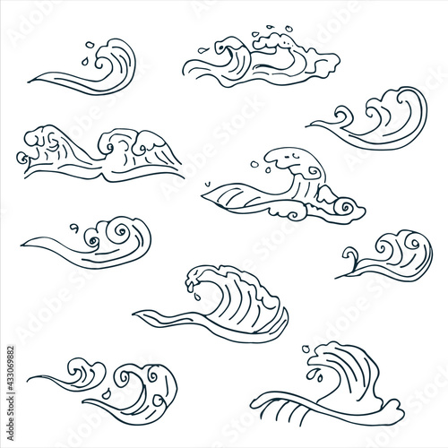 Vector set of hand drawn ocean waves. Doodles