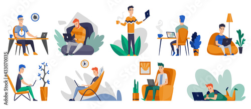 Freelance people work at home in comfortable conditions. Cartoon characters working from home. Spend time at home during quarantine. Be safe