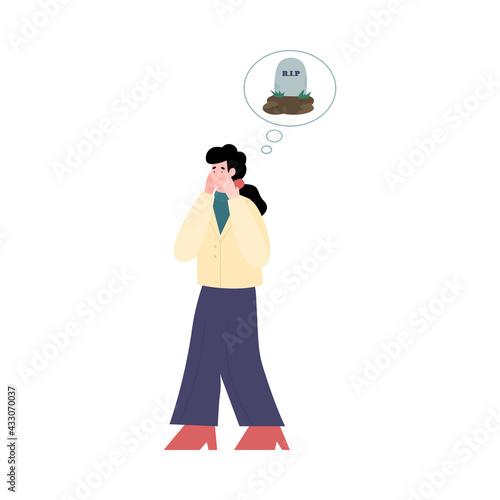 Depressed man has death obsession, flat vector cartoon illustration isolated.