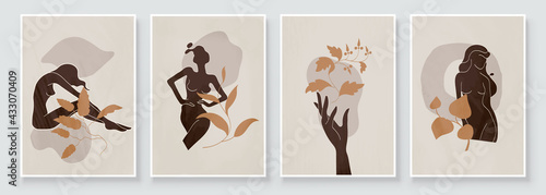 Abstract composition art with nude woman in leaves. Earth tones colors wall art decor. Soft color painting boho style background. Minimalistic background design. Vector illustration.