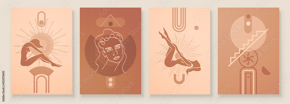 Abstract composition art with nude female silhouette in sunrise or sunset. Earth tones colors wall art decor. Soft color painting boho style background. Minimalistic background. Vector illustration. Abstract composition art with nude female silhouette in sunrise or sunset. Earth tones colors wall art decor. Soft color painting boho style background. Minimalistic background. Vector illustration.