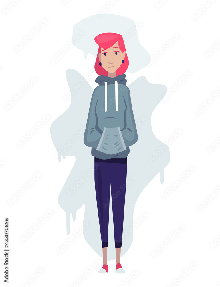 Depressed people. Sad girl standing. Lonely teenager. Symbol of sorrow, sadness and mental disorder. Unhappy and stressed student. Creative vector illustration