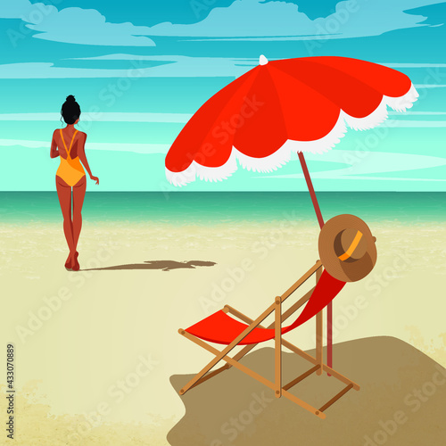 Digital illustration Girl in summer on vacation sunbathes under an umbrella on a deck chair and goes to swim