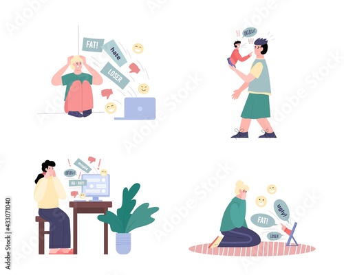 Cyberbullying and harassment in network cartoon vector illustration isolated.