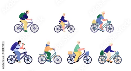 Young and aged people ride bicycles for travel, outdoor activity or business.