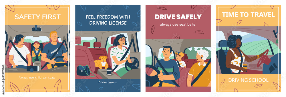 Set of banners or posters with people inside car, flat vector illustration.