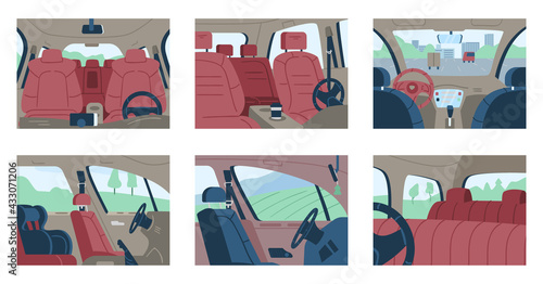 Set of vector posters with car interiors, views inside vehicle, empty auto salons