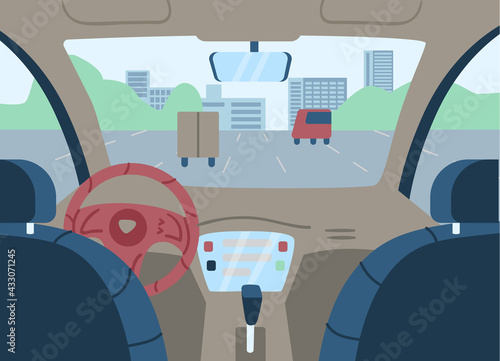 Vector flat poster with car interior, vehicle inside view, empty auto salon.