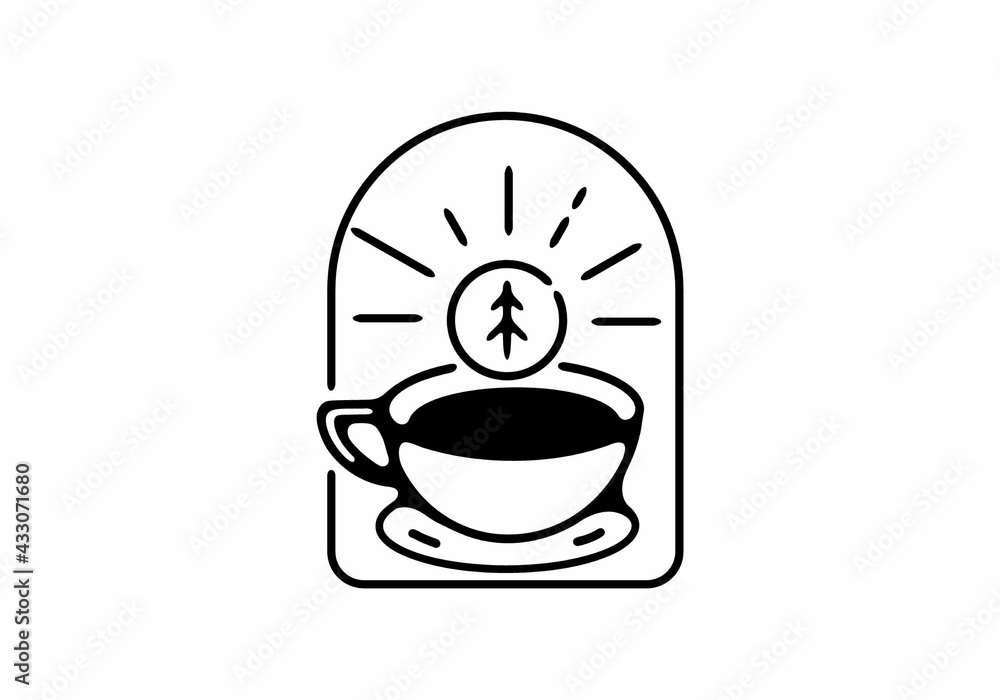 Black line art illustration of coffee and sun Black line art illustration of coffee and sun
