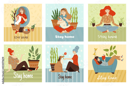 Banners with women enjoying leisure time at home, flat vector illustration.