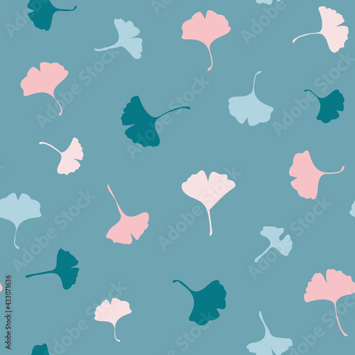 Colorful Ginkgo leaf seamless repeat pattern. Random placed vector botany leaves all over surface print.