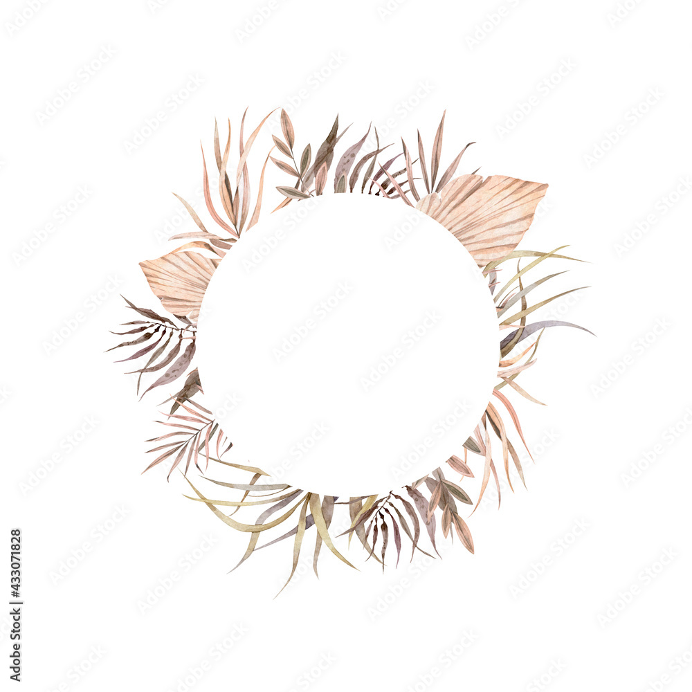 Wedding dried lunaria, orchid, pampas grass floral wreath. Exotic dried flowers, palm leaves boho invitation card. Watercolor template frame, save date, modern poster, trendy design Wedding dried lunaria, orchid, pampas grass floral wreath. Exotic dried flowers, palm leaves boho invitation card. Watercolor template frame, save date, modern poster, trendy design