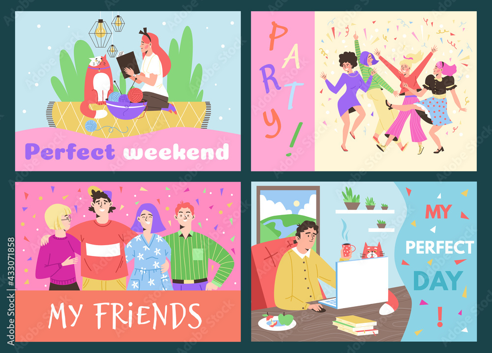 People rest alone and with friends flat vector illustration isolated.
