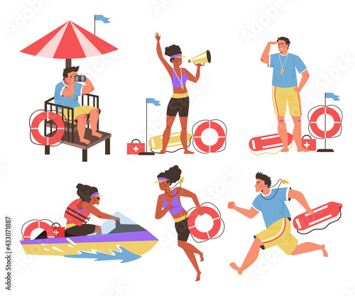 Characters lifeguards working on beach for rescue and aid to injured persons.