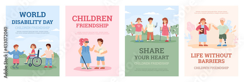 Design posters for world disability day with handicapped kids and their friends.