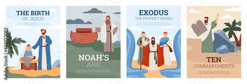 Flat cartoon vector posters with characters of story christian holy bible.