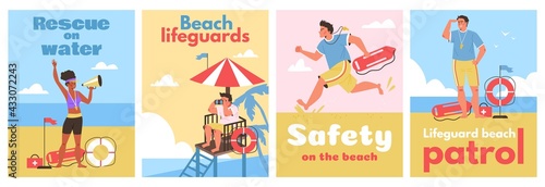 Lifeguards working for rescue life, first aid to injured and safety on beach.