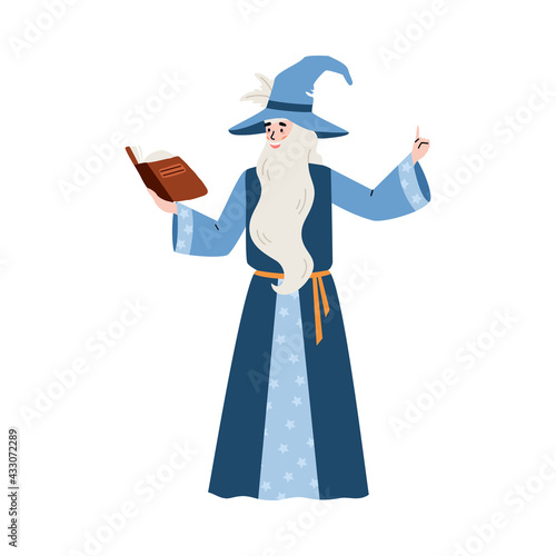 Medieval old magician holding magic book flat vector illustration isolated.