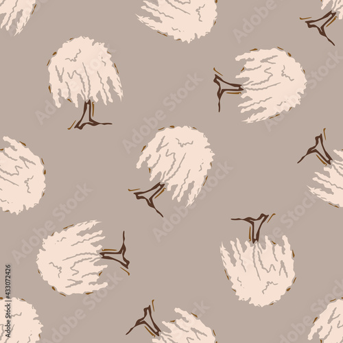 Seamless minimalist doodle tree pattern background. Calm boho earthy tone color wallpaper. Modern scandi unisex flower design. Organic childish gender neutral baby all over print. Hand drawn.