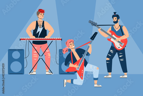 Rock band musicians performing on stage cartoon flat vector illustration.