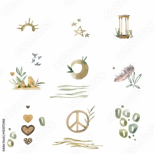 Cute Collection of peacful patterns. Geometric and peace gold decor elements. Trendy wedding, invite, backgrounds and logotypes. . Isolated.