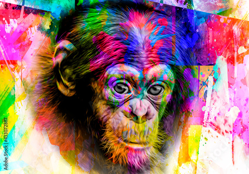 Colorful artistic monkey in eyeglasses with colorful paint splatters on white background © reznik_val