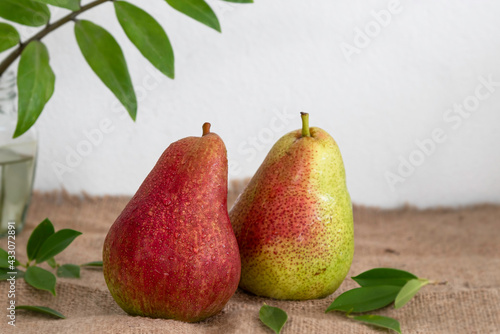 Ripe red pears with logo put on handmade cloth white background.