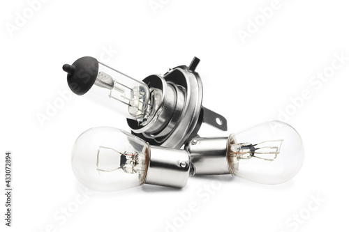 Different car light bulbs isolated on white background, close up. Automotive parts.