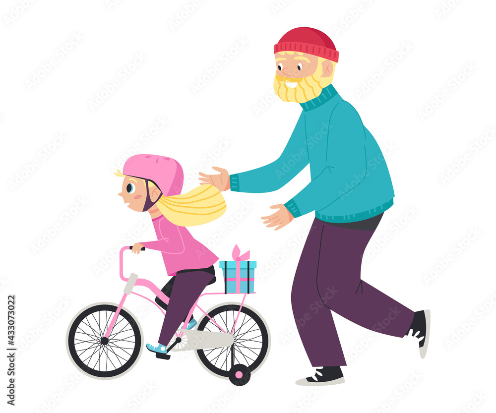 Cute happy kid girl in pink safety helmet riding a bicycle a vector illustration