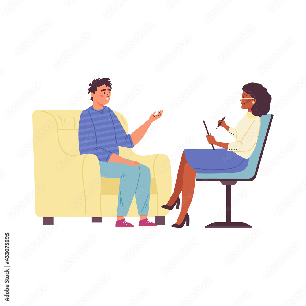 Man talking to psychologist, flat vector illustration isolated on background.
