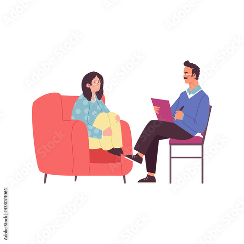 Woman taking psychologists consultation, flat vector illustration isolated.