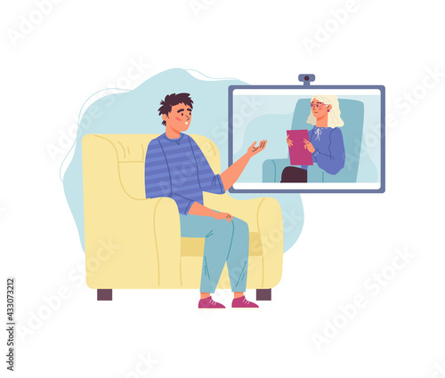 Man getting online psychological support, flat vector illustration isolated.