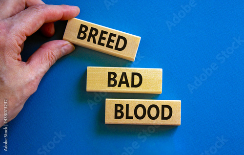 Breed bad blood symbol. Businessman holds wooden block with words 'Breed bad blood'. Beautiful blue background, copy space. Business, breed bad blood concept.