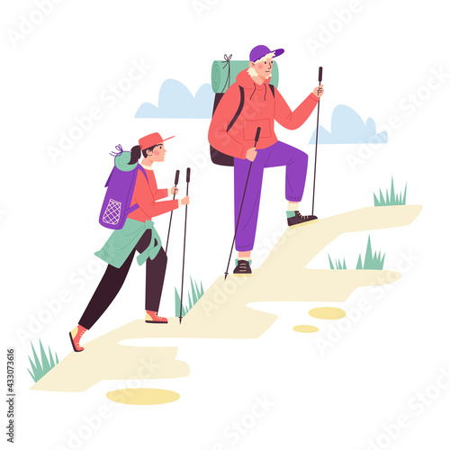 Couple of tourists climbing in mountains, flat vector illustration isolated.