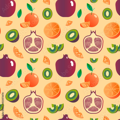 colourful food vector background illustration with oranges and garnet. colourful fresh fruit and juice vector background. fresh tasty food vector pattern background with fruit.