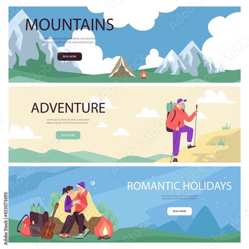 Hiking and climbing banners or flyers with tourists, flat vector illustration. © Kudryavtsev