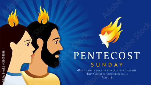 Pentecost Sunday man and women with Holy Spirit dove. Invitation vector banner template from service of Pentecost text and apostles with tongue of flame