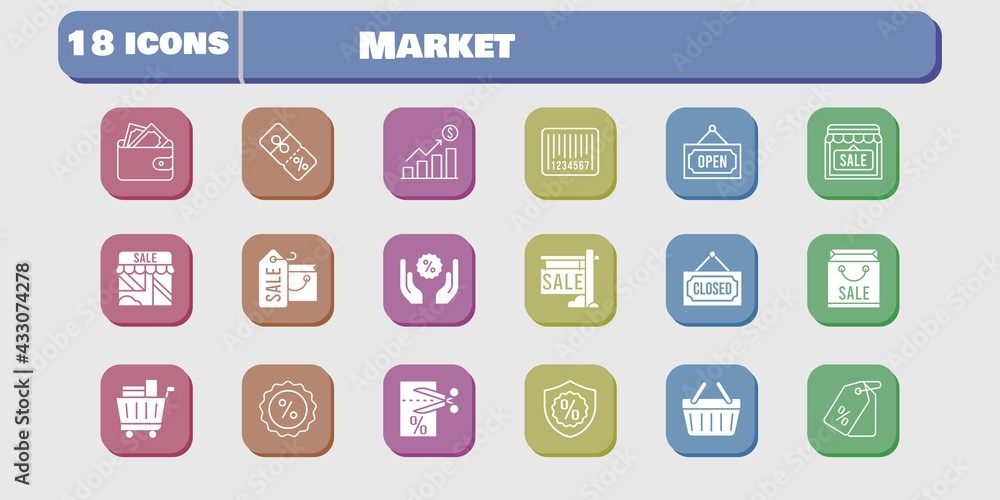 market icon set. included profits, wallet, shop, voucher, discount, shopping-basket, shopping bag, sale, price tag, shopping cart icons on white background. linear, filled styles. market icon set. included profits, wallet, shop, voucher, discount, shopping-basket, shopping bag, sale, price tag, shopping cart icons on white background. linear, filled styles.