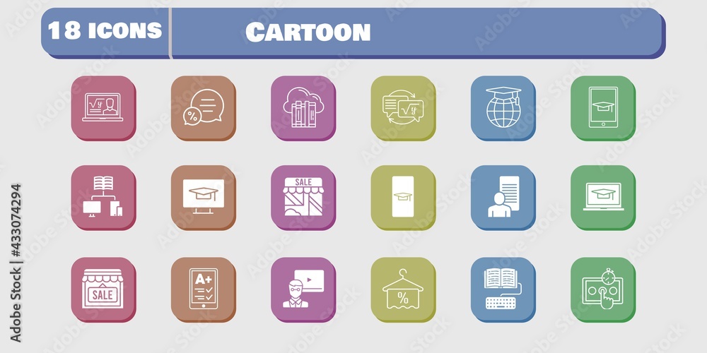 cartoon icon set. included study, shop, test, homework, student-desktop, cloud, student-smartphone, ereader, professor, student-laptop icons on white background. linear, filled styles. cartoon icon set. included study, shop, test, homework, student-desktop, cloud, student-smartphone, ereader, professor, student-laptop icons on white background. linear, filled styles.