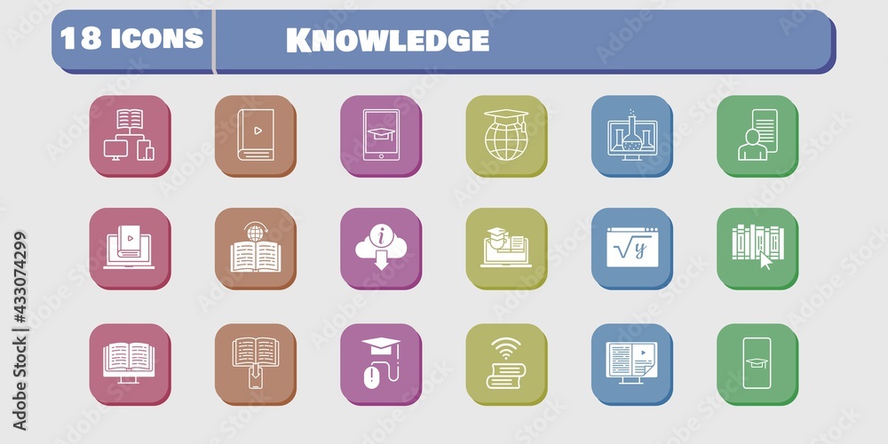 knowledge icon set. included chemistry, study, learn, maths, book, learning, training, student-smartphone, ebook, school icons on white background. linear, filled styles. knowledge icon set. included chemistry, study, learn, maths, book, learning, training, student-smartphone, ebook, school icons on white background. linear, filled styles.